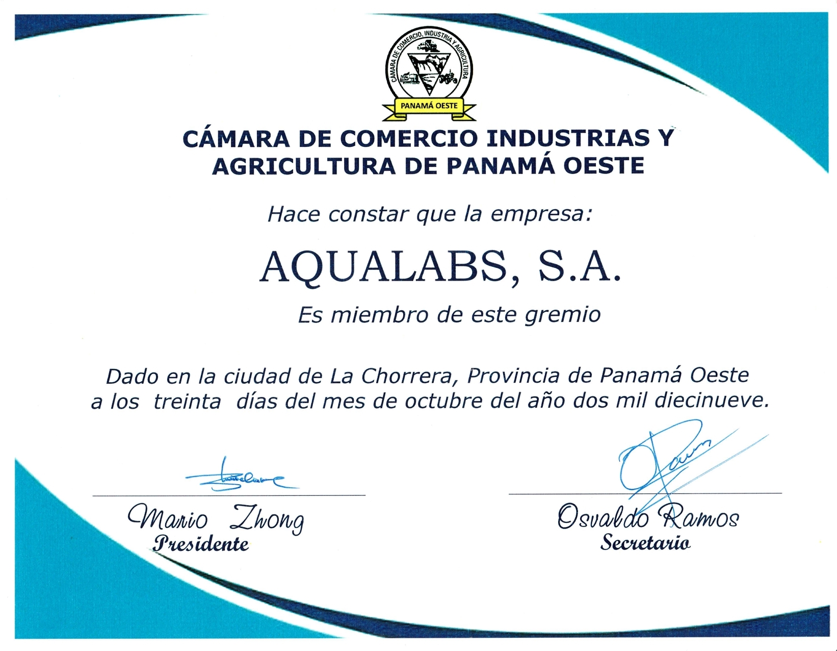 Certificado Cámara de Comercio Industrias y Agricultura de Panamá - Aqualabs Panama